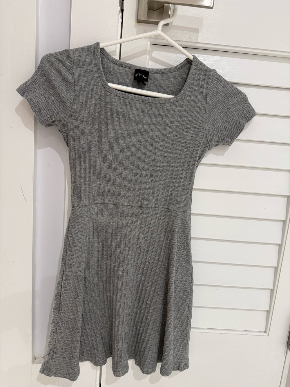 Gray Ribbed Short-Sleeve Fit & Flare Dress